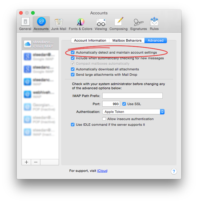 Problems with os x Yosemite Mail forgetting settings - Mac Mail Settings Accounts Tab